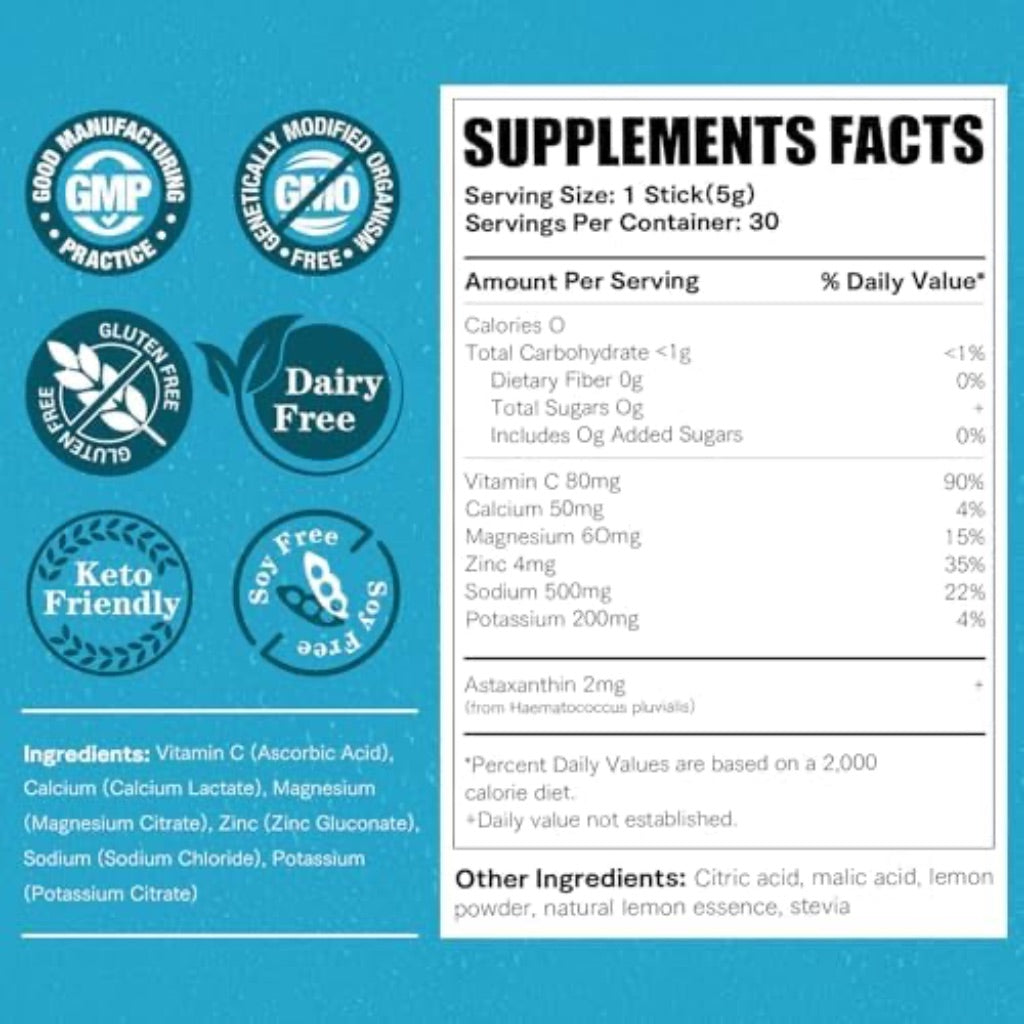 Daily Electrolyte Drink – Lemonade Flavor, 30 Stickpacks * 5g – Hydration Packets with 7 Electrolytes & Minerals - Non- GMO, Keto Friendly, & Sugar-Free Electrolyte Powder - 150g