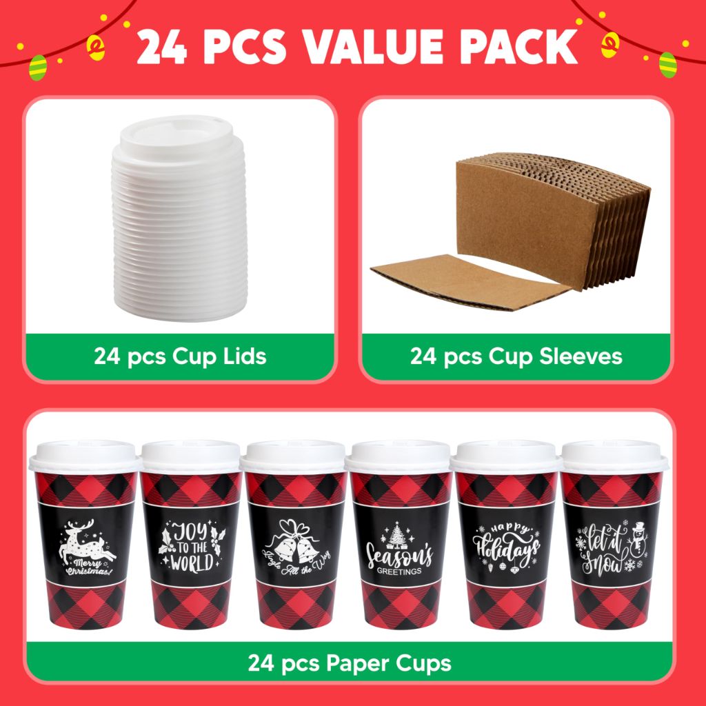 JOYIN 24 PCS Christmas Buffalo Plaid Paper Cups with Sleeves and Lids, 6 Designs 16 oz Xmas Drinkware Coffee Cups