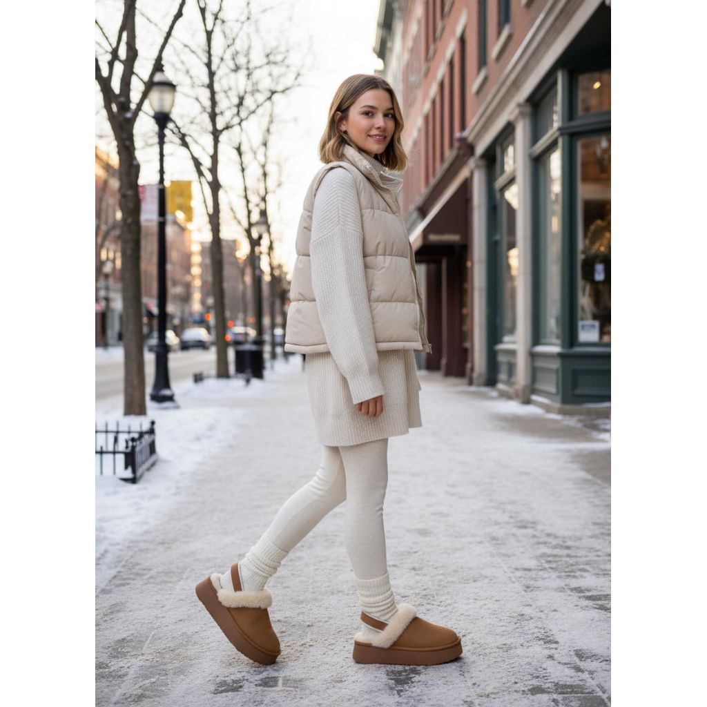 Swalker Fuzzy Platform Slippers for Women, Women's Casual Winter House & Outside Suede Faux Fur Slippers