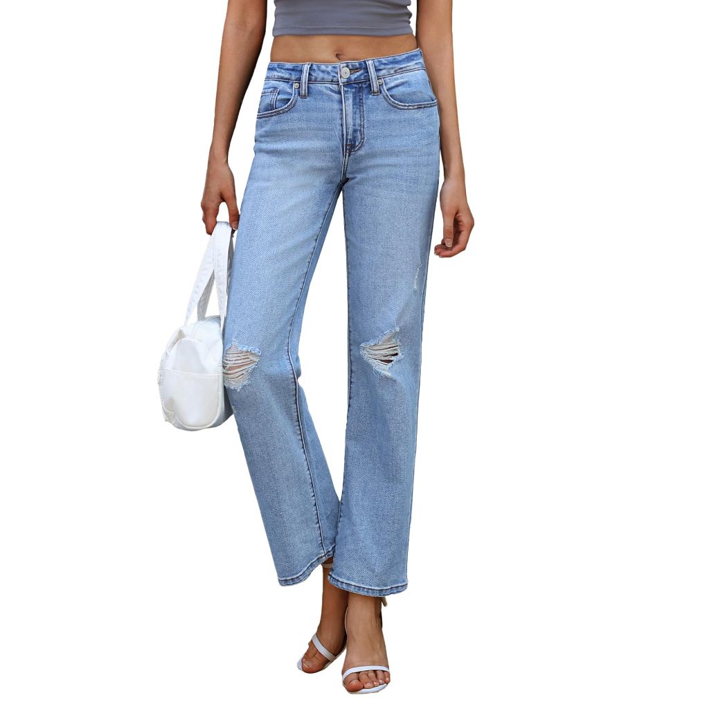 OFLUCK Women's Wide Leg Jeans Mid High Waisted Stretchy Ripped Jeans Straight Leg Loose Fit Denim Pants, Lakeside Blue, 10Small