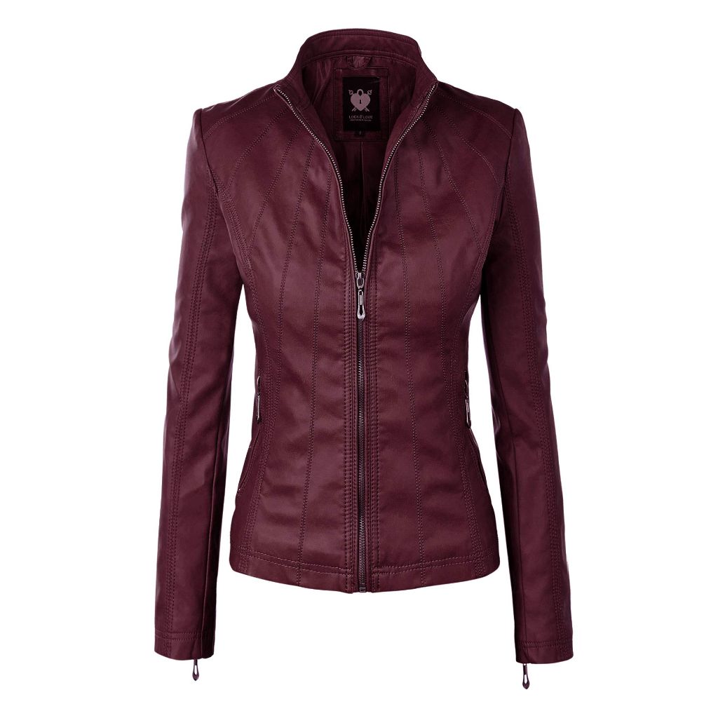 Lock and Love LL Womens Panelled Faux Leather Moto Jacket, Wine - size L