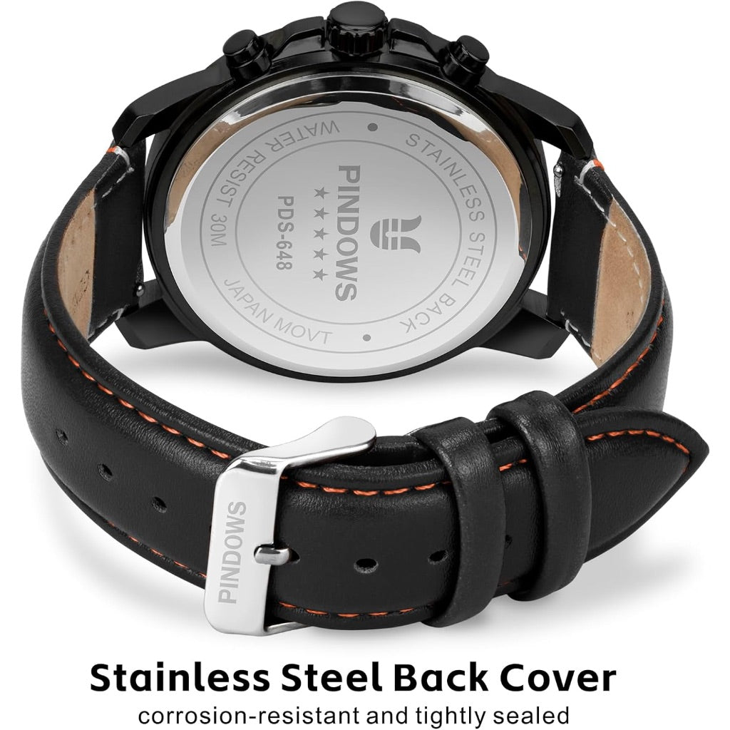 PINDOWS Men's Analog Quartz Chronograph Watch - Black Dial, Brown Leather Strap