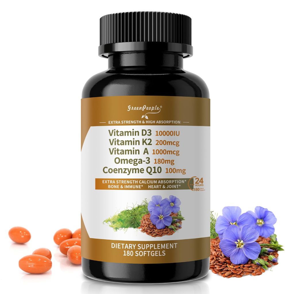Green people Vitamin D3 K2 Softgel K2 MK7, VIT A, Omega-3 & CoQ10 for Ultimate Absorption Heart & Bone- 180 CT