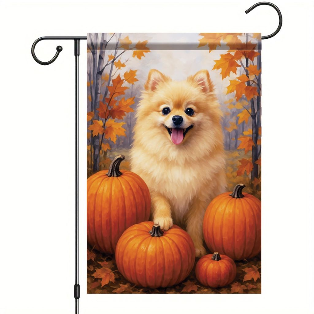 Starlit Patio Thanksgiving Fall Garden Flag Pomeranian Dog Flag 12x18 Inch Double-Sided Pumpkin Forest Yard Banner