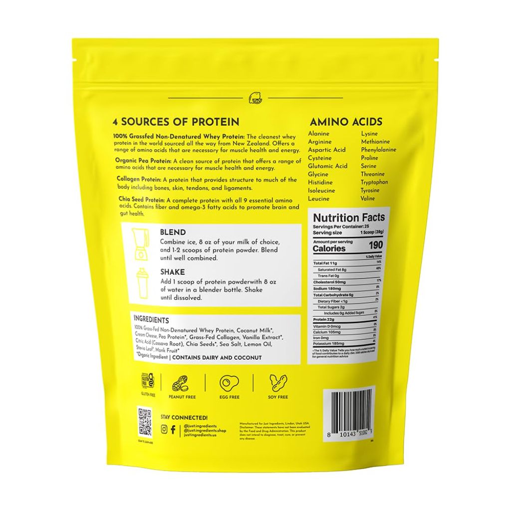 JUST INGREDIENTS Lemon Swish Protein Powder - Grass-Fed Whey, Lemon Flavor - 1.44 lb,