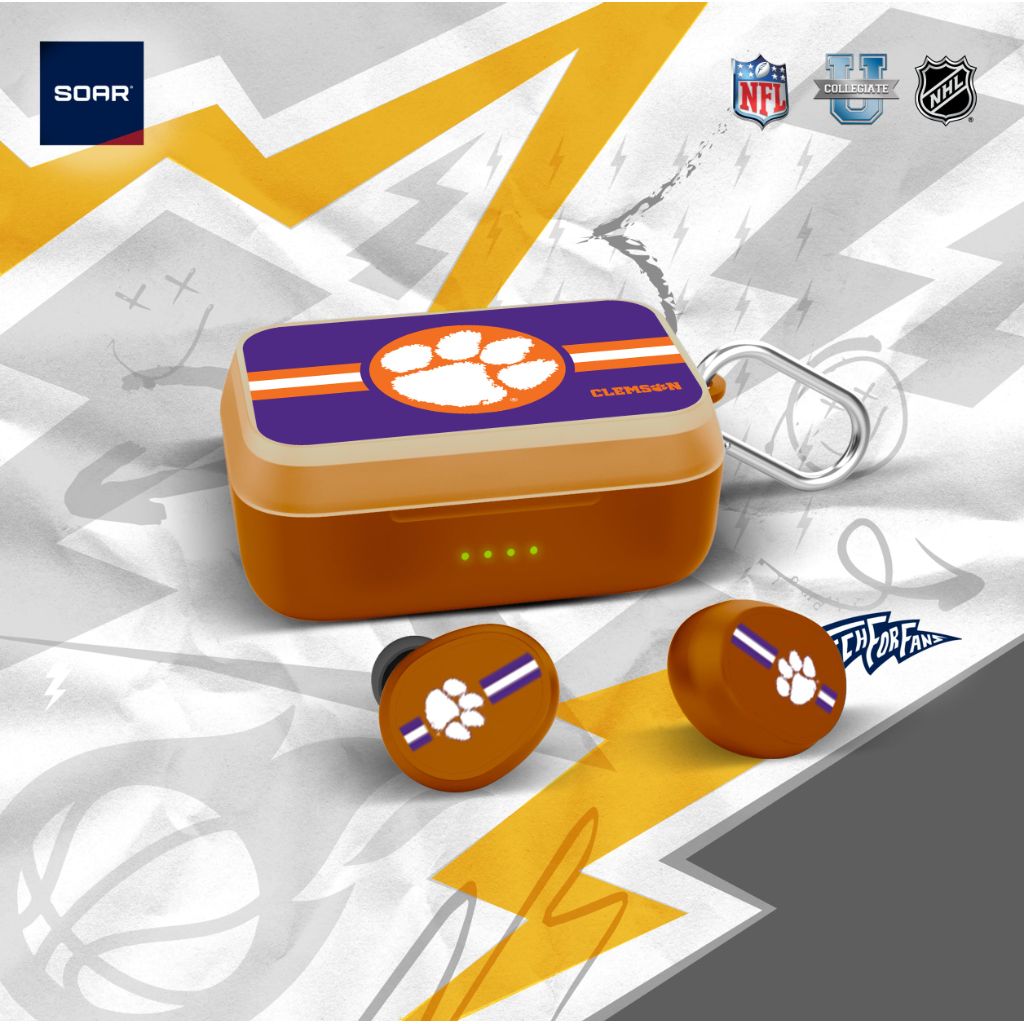 SOAR NCAA Wireless Sport Earbuds: Comfortable Fit & Convenient Charging, Clemson Tigers