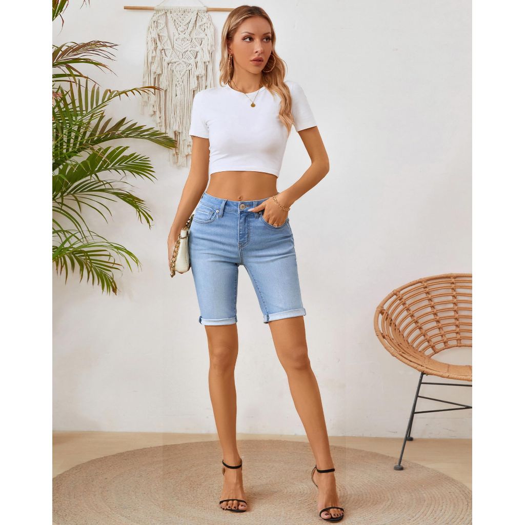 OFLUCK Mid Rise Roll Cuff Bermuda Stretch Denim Women Shorts - size 10