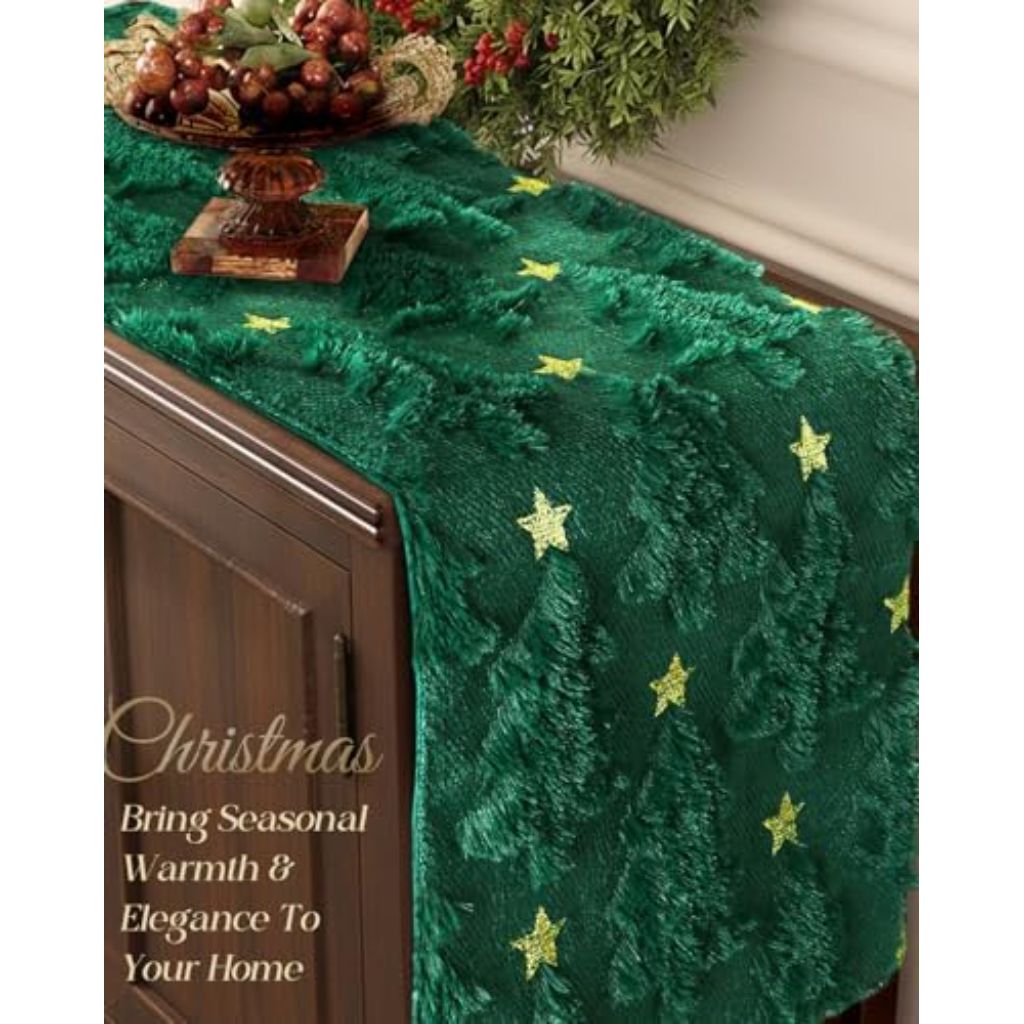 Green Christmas Tree Table Runner Flannel Backing Christmas Table Runner  - 13x72 inch