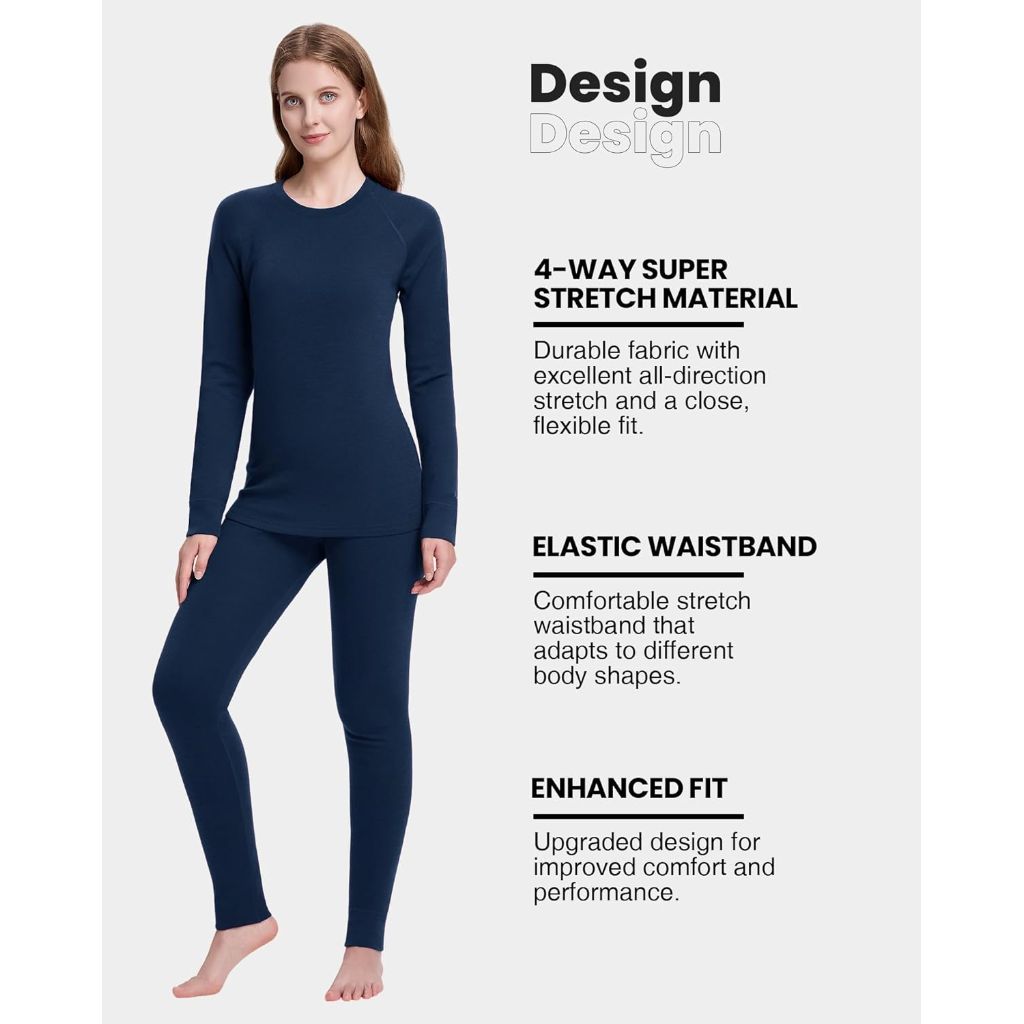SZ L, Women's 100% Merino Wool Base Layer Sets Lightweight Active Base Layer for Ski | Navy
