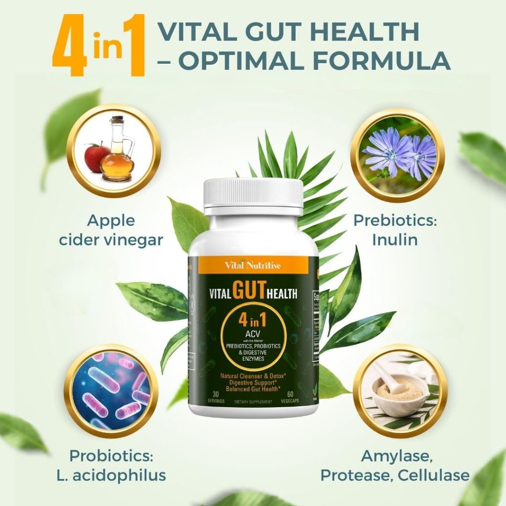 Vital Gut Health 4in1 Formula with Apple Cider Vinegar, Prebiotics & Probiotics - 30 Days Supply