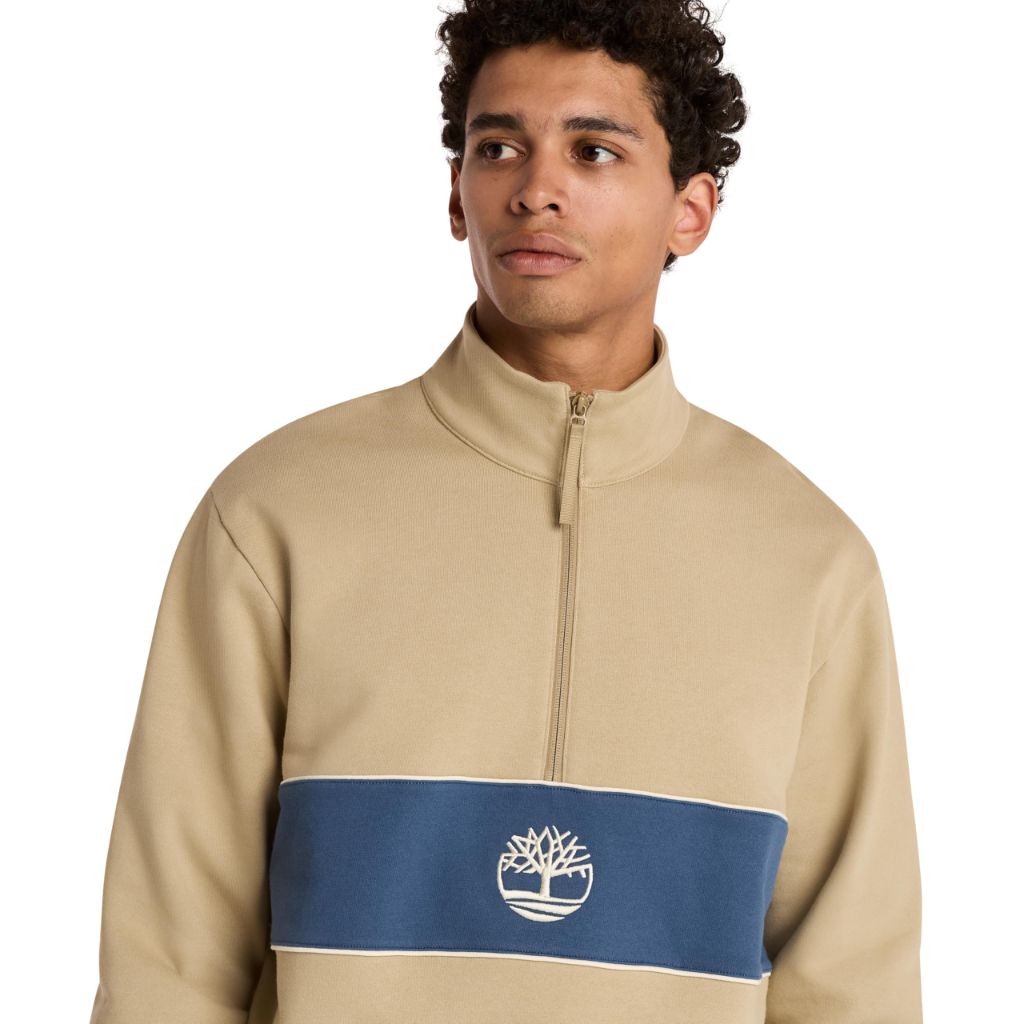 Timberland Men's Cut and Sew Quarter Zip Jacket, Lemon Pepper-Dark Denim, Medium