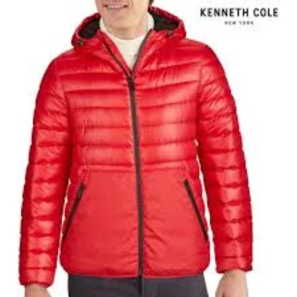 Kenneth Cole Short Hooded Zip Puffer, Red, XS