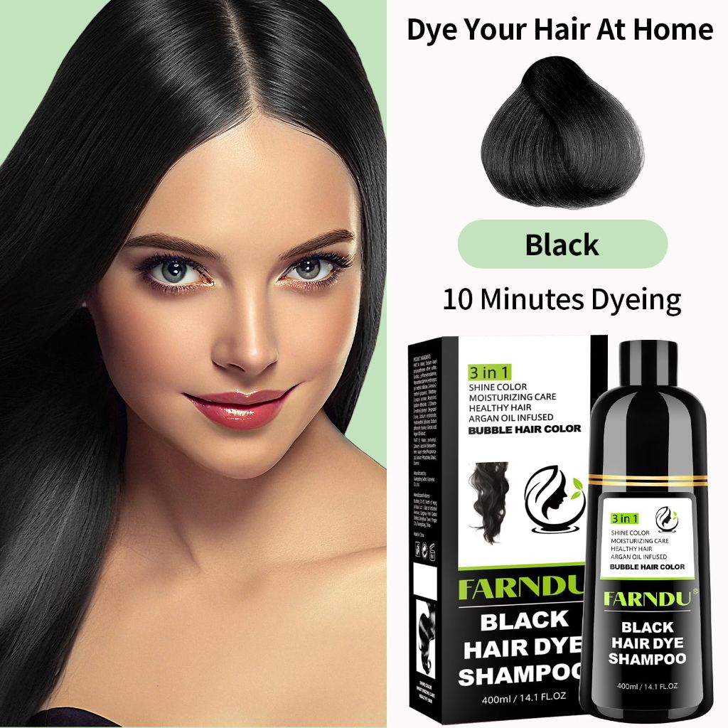 Farndu Black Hair Dye Shampoo , Gray Hair Coverage Herbal Natural 3 in 1 Hair Color Shampoo, Champu para canas
