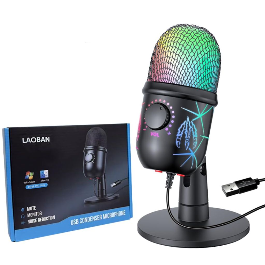Laoban USB Microphone with RGB Lighting, Plug & Play, Noise Cancellation