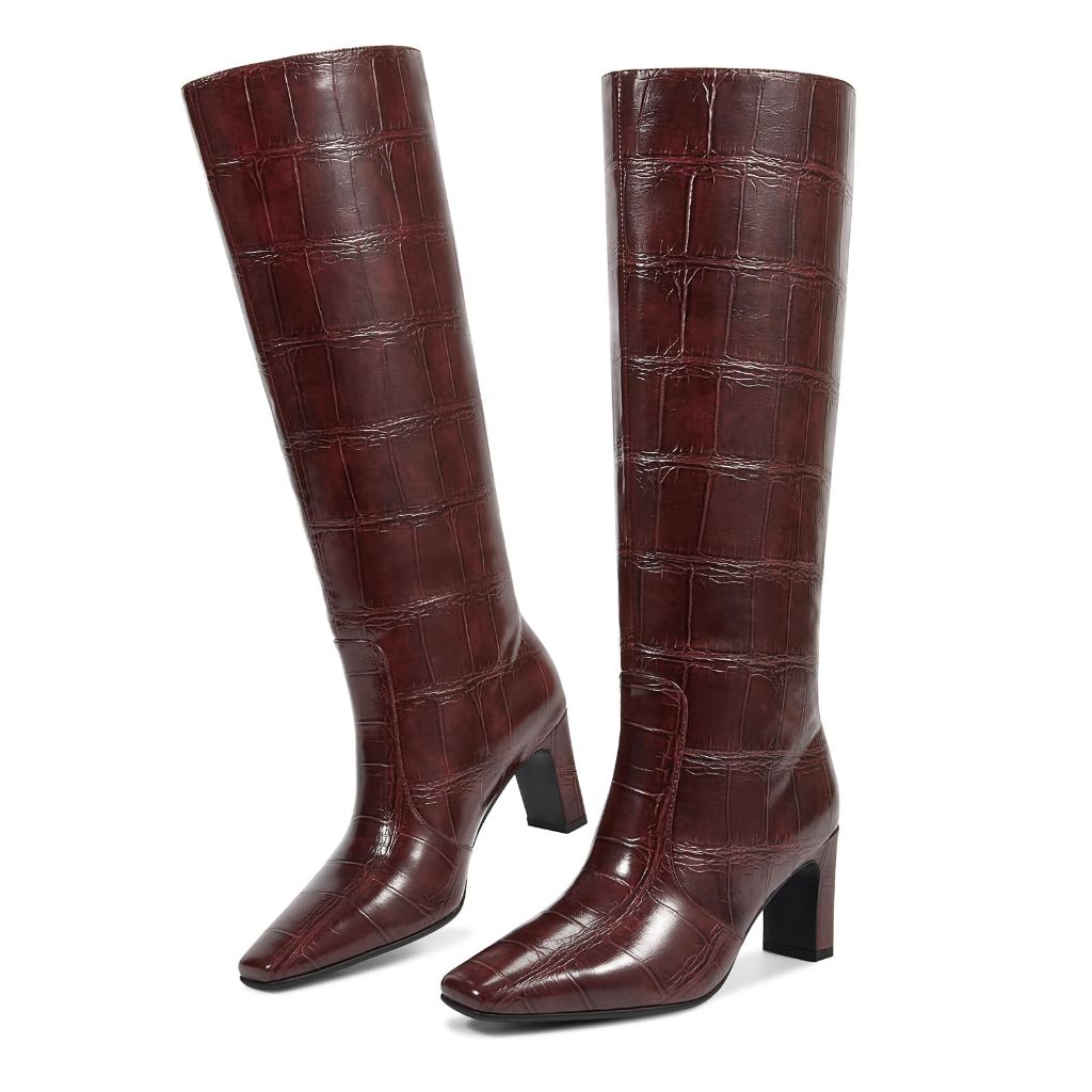 Wetkiss Burgundy Boots Straight Leg Knee High Boots for Women Block Heels Regular Calf Square Toe Stone Burgundy Size 6.5