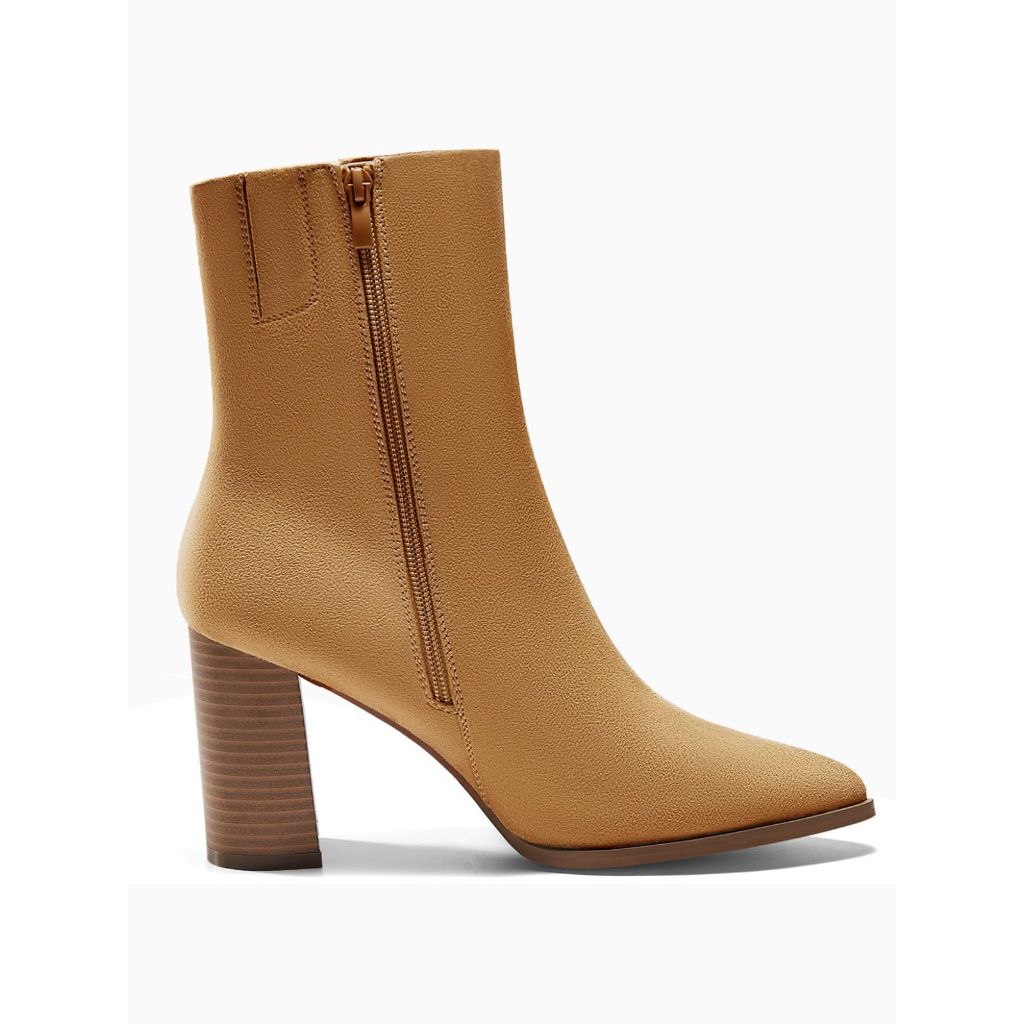 SZ 8.5, Coutgo Women's Ankle Boots Side Zipper Pointed Toe Chunky | Light Brown