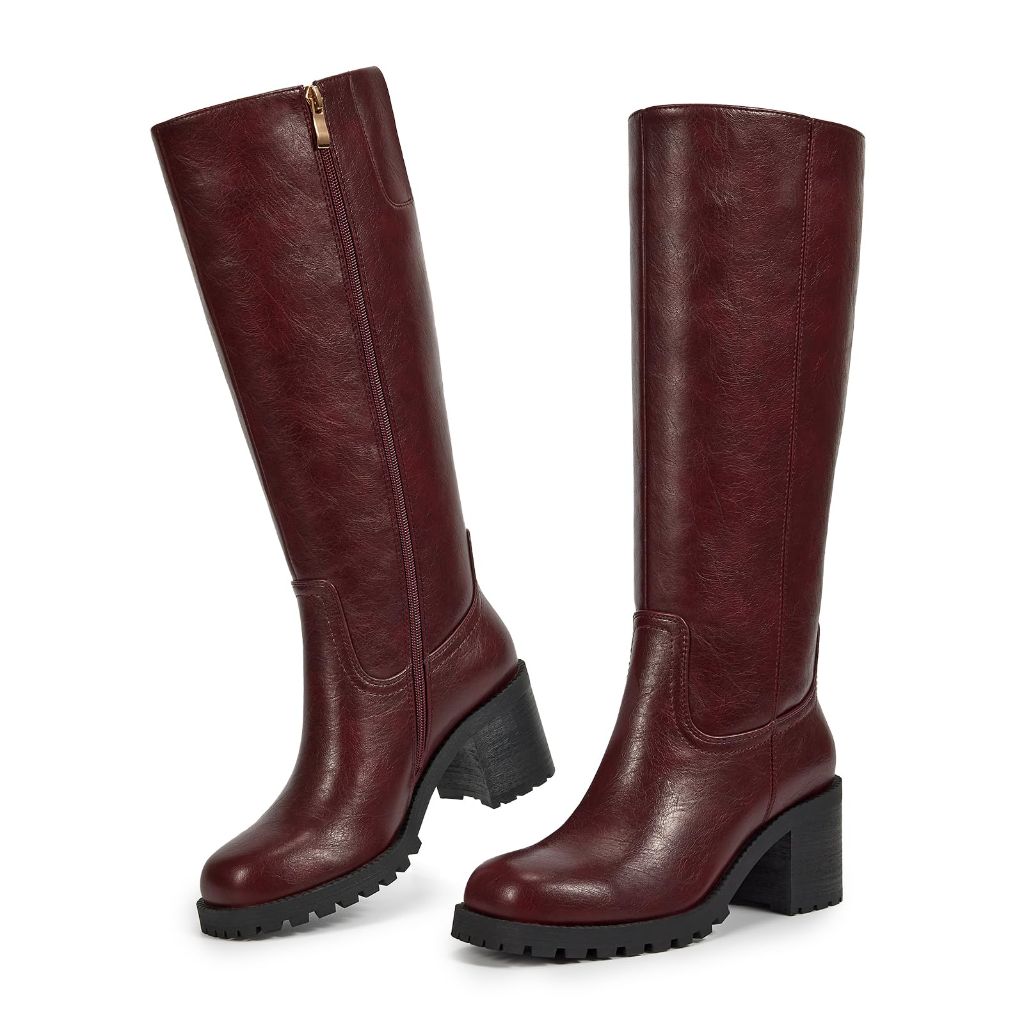 ISNOM Burgundy Knee High Boots for Women Square Toe Block Heel Riding Boots with Chunky Non-Slip Lug Sole Side Zipper Comfortable Campus Platform Tall Boot (Burgundy Size6)