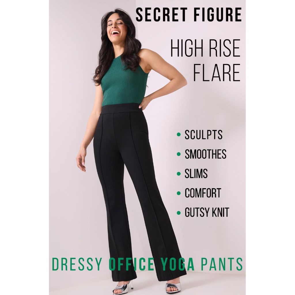 Rekucci Women's Secret Figure High Waist Knit Pull-On Flared Pant (8 Short, Navy)