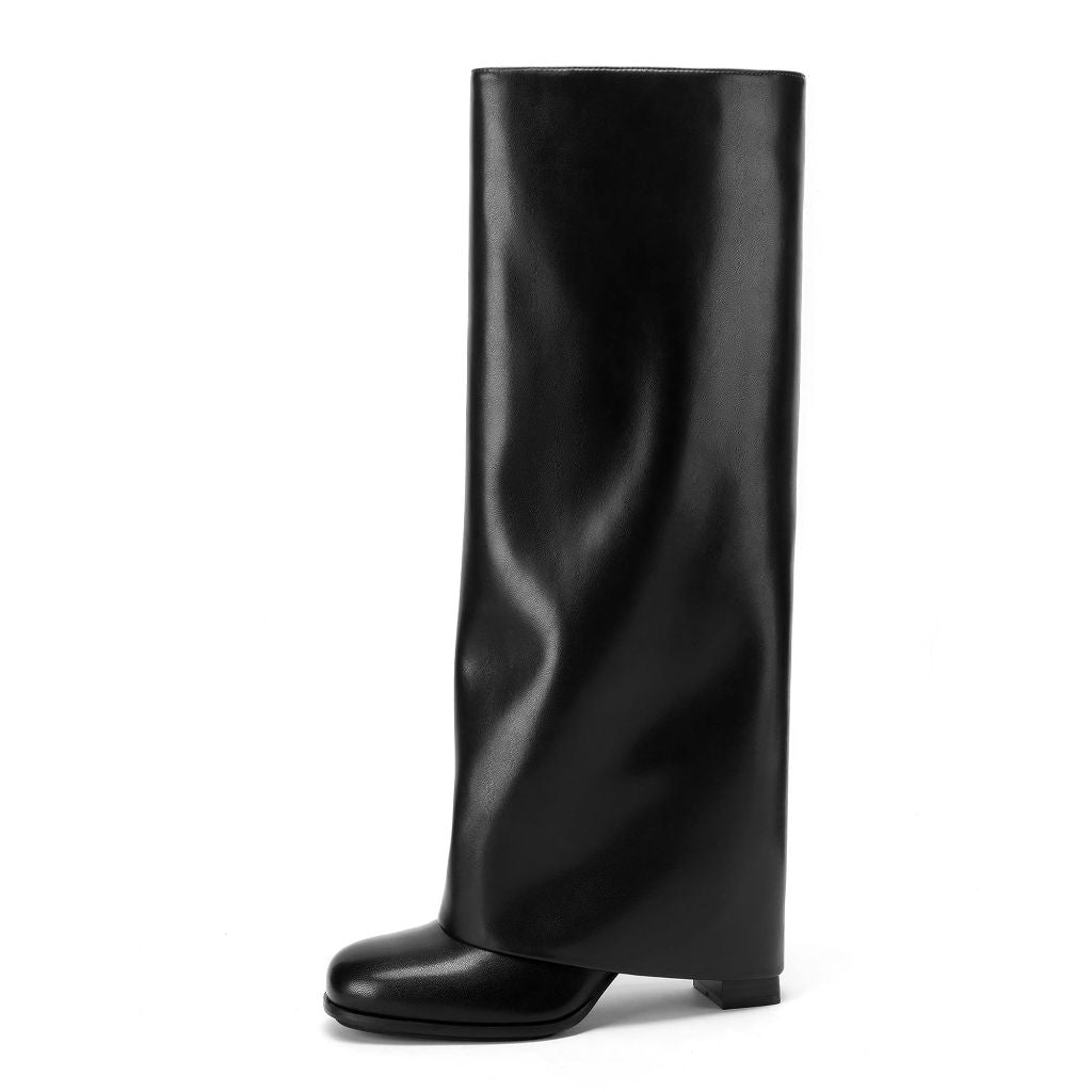 SZ 6.5 Meolee Knee High Boots Women Fold Over | Black Leather