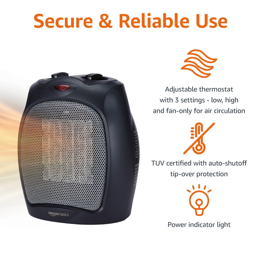 Amazon Basics Ceramic Space Heater, Portable Indoor Heating Solution, 1500W, 7.52"D x 6.34"W x 9.45"H, Black