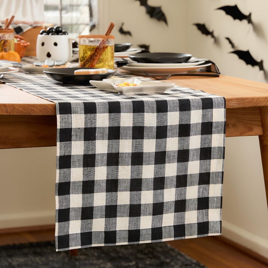 Solino Home Pure Linen Black and Cream Small Table Runner 14 x 60 Inch for Coffee Tabletop, Dresser, and Bedroom Decor – Thanksgiving – Morgan Check