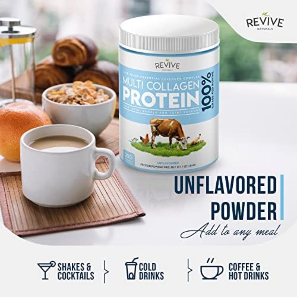 Revive Naturals 100% Grass-Fed Bovine Hydrolized Multi-Collagen Peptides Powder - Unflavored, 1lb.