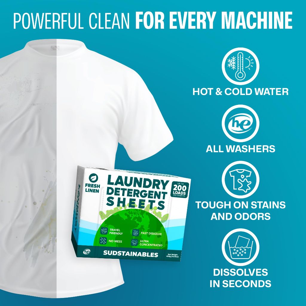Sudstainables Laundry Detergent Sheets 200 Loads – Dissolvable Laundry Sheet for Washing Machines, Compact Alternative to Liquid & Powder Detergent, Travel-Friendly Soap | Fresh Linen