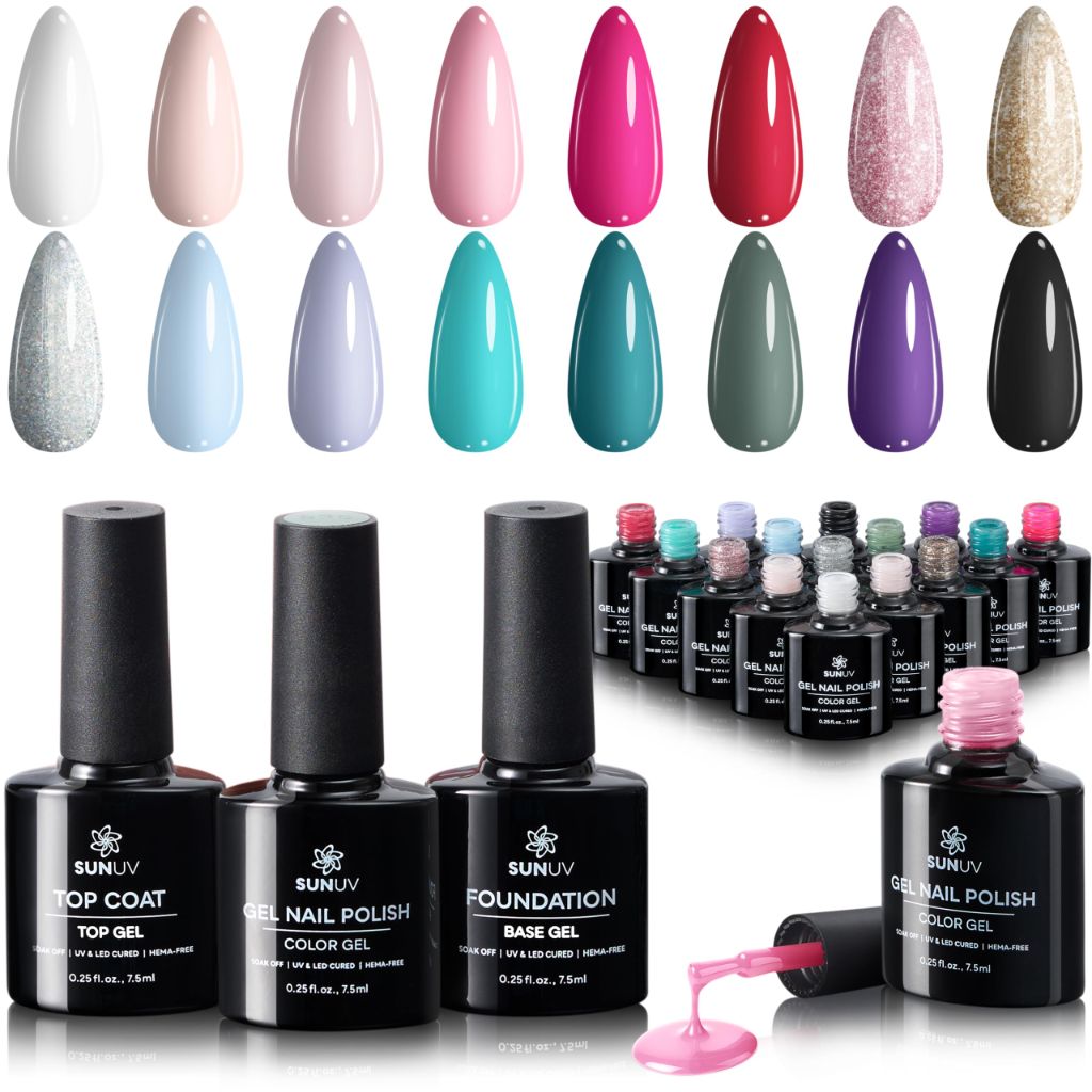 SUNUV Color Gel Nail Polish Kit with Base Top Coat - 18pk (7.5mL each)