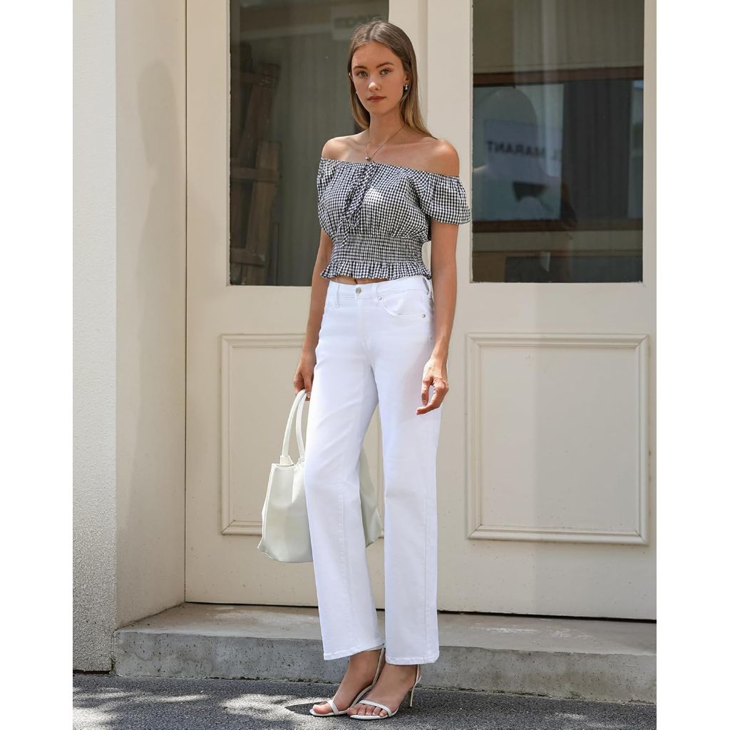 OFLUCK Women's Wide Leg Jeans Mid High Waisted Boyfriend Jeans Straight Leg Loose Fit Denim Pants