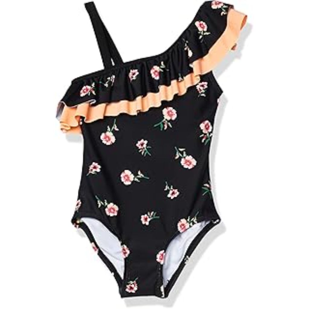 Kanu Surf Girls' Morgan Floral Ruffle 1-Shoulder 1-Piece Swimsuit, Color Black Size 5