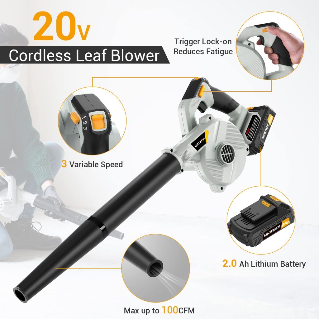 Leaf Blower Cordless with Battery and Charger - 20V Electric Cordless Blower with 3 Speed|100CFM|170MPH