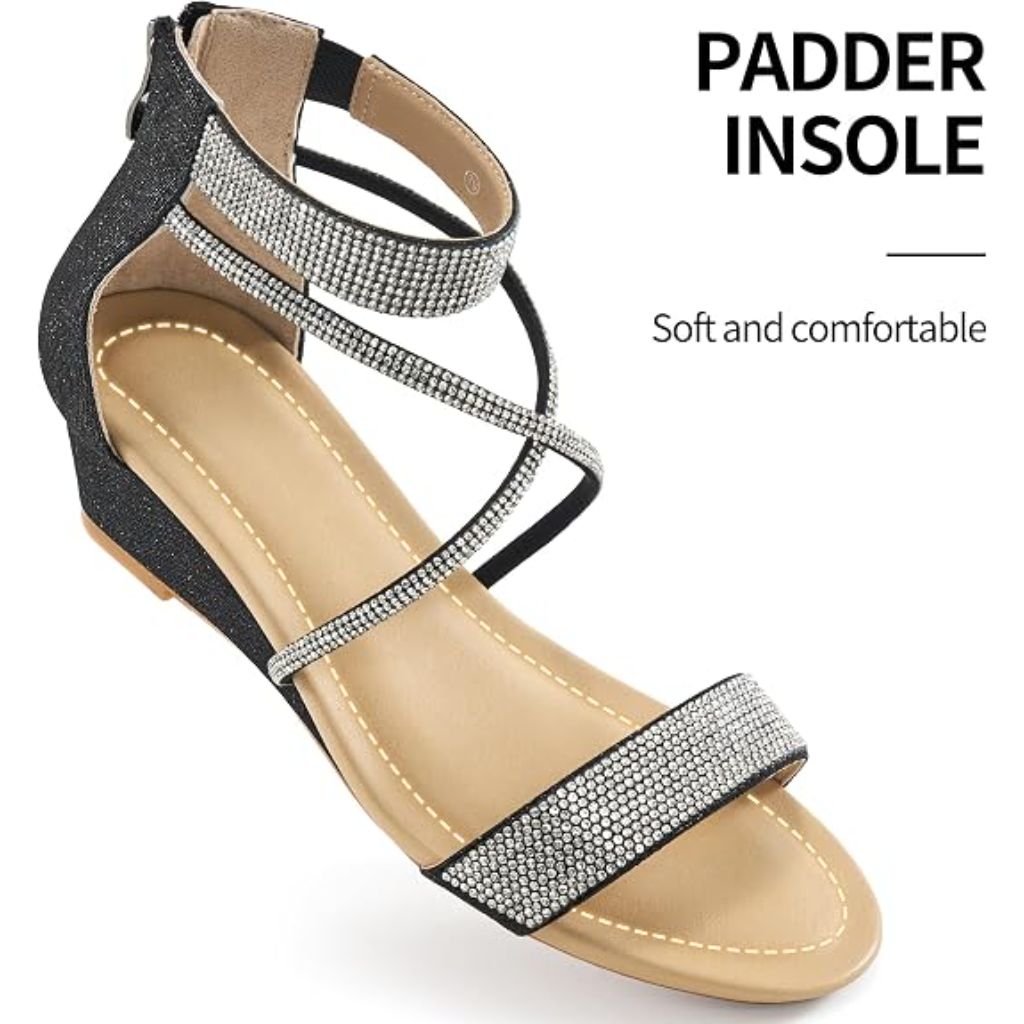 Harence Women's Dressy Wedge Sandals - Black Sparkly, Size 9