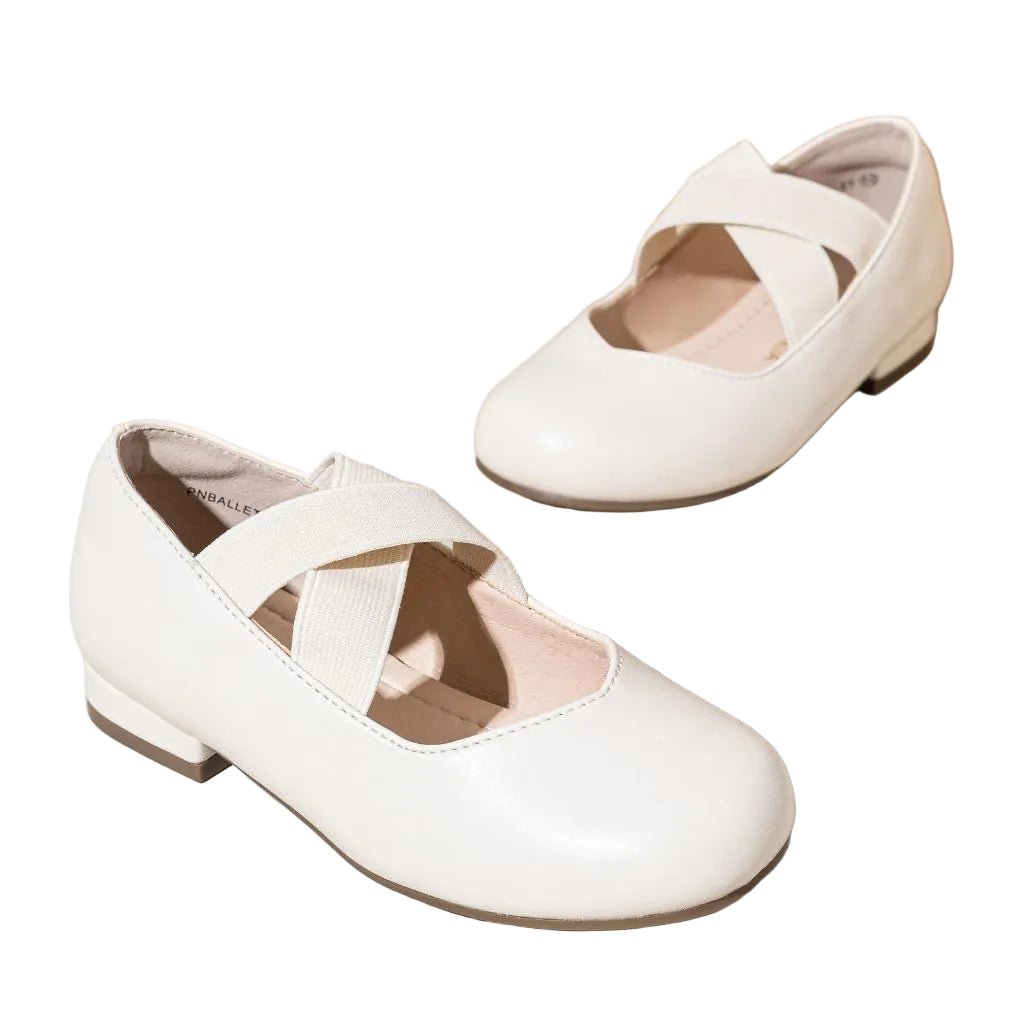 PANDANINJIA Girls Dress Shoes White Ballet Flats Elastic Cross Strap  (Size 3)