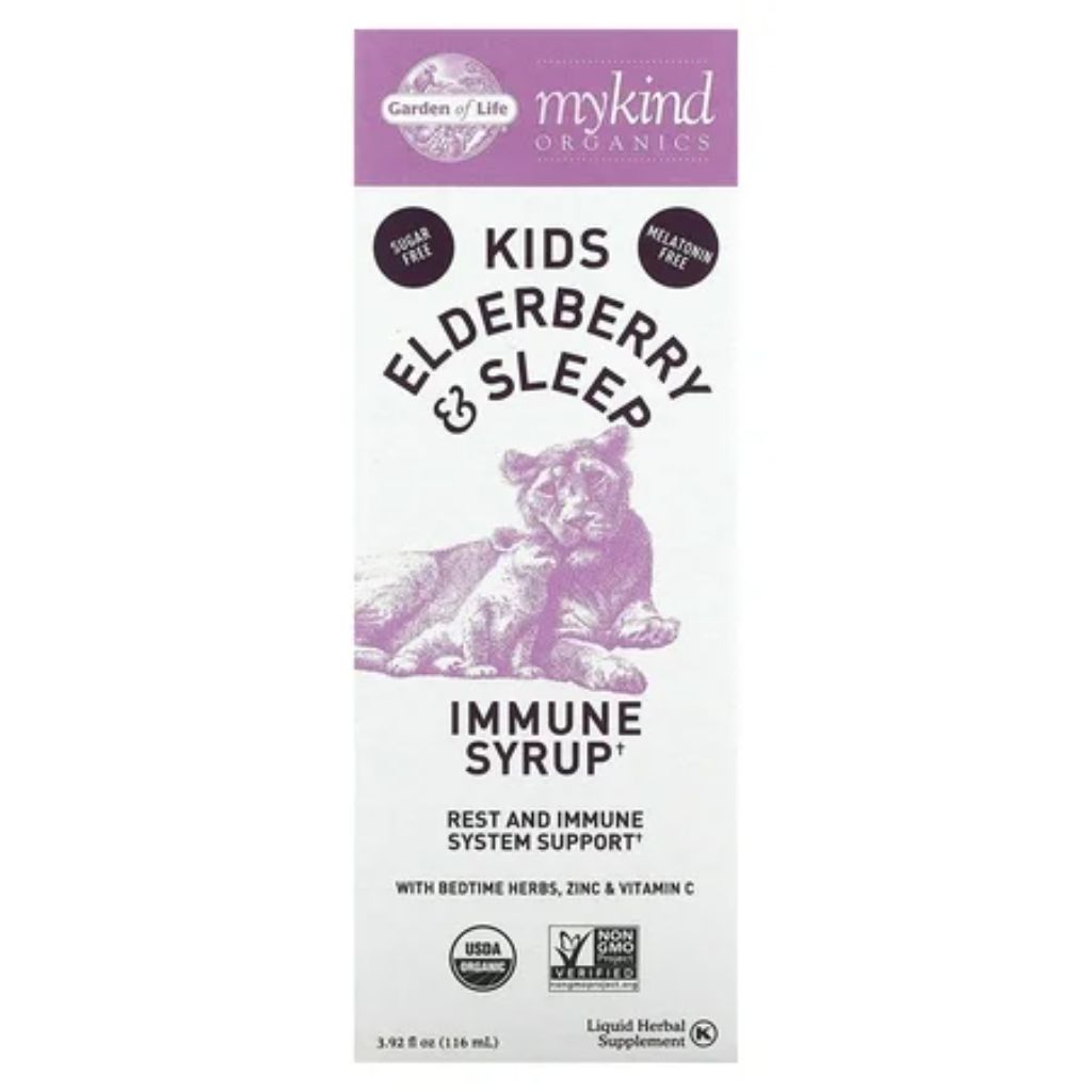 Mykind Organics  Kids Elderberry & Sleep  Immune Syrup with Bedtime Herbs  Zinc & Vitamin C  3.92 fl oz (116 ml)  Garden of Life