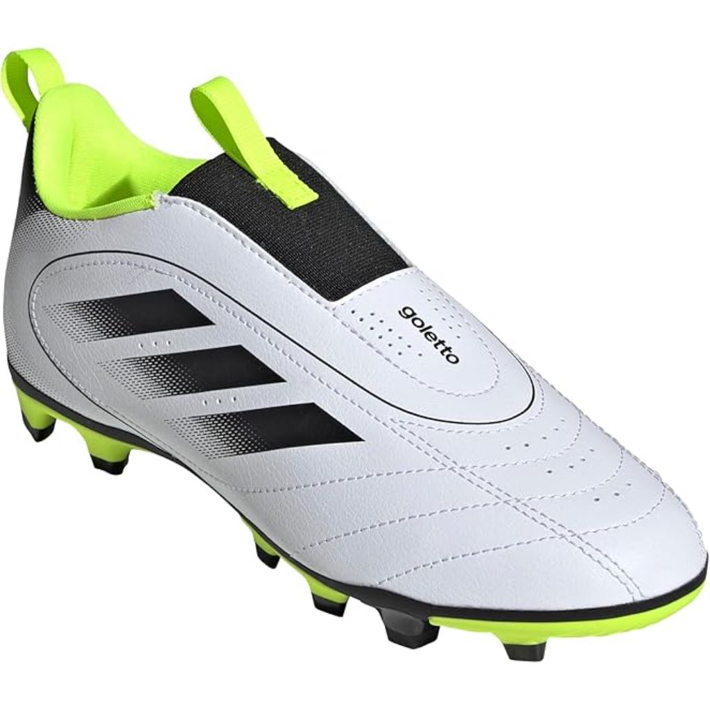adidas Kids Goletto IX Firm/Multi Ground Junior Laceless Soccer Cleats, White/Core Black/Lucid Lemon Size 8.5 Toddler