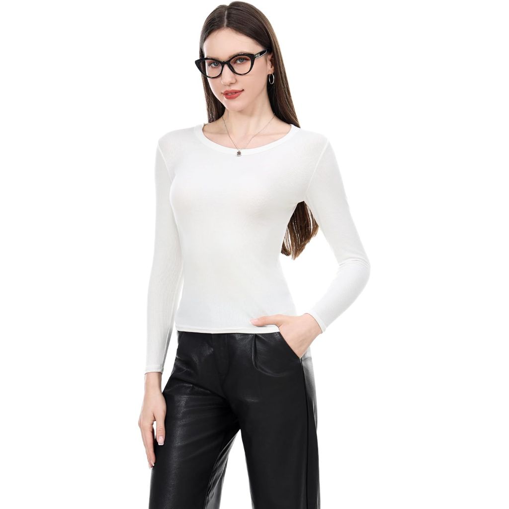 Women Long Sleeve Shirts Crew Neck Ribbed Basic Tops Slim Fit Tops Fall Outfits Casual T-Shirt Winter Clothes