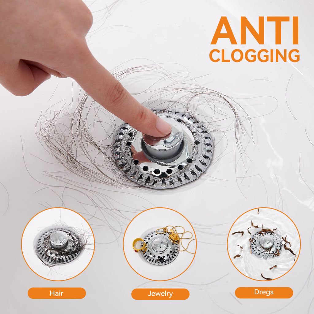 Bathroom Sink Stopper for 1.06"-1.65" Drain Holes, 2 in 1 Bath Sink Drain Strainer Stopper, (Chrome Silver-1p)