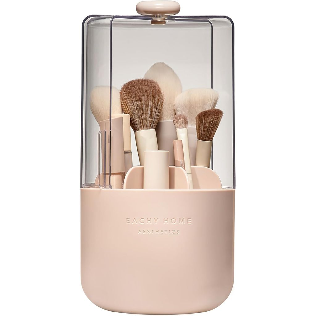 EACHY Makeup Brush Holder 360° Rotating with Dustproof Lid, Waterproof Material, 7 Compartments for Organized Storage, Stylish and Durable Design for Vanity (Pink)