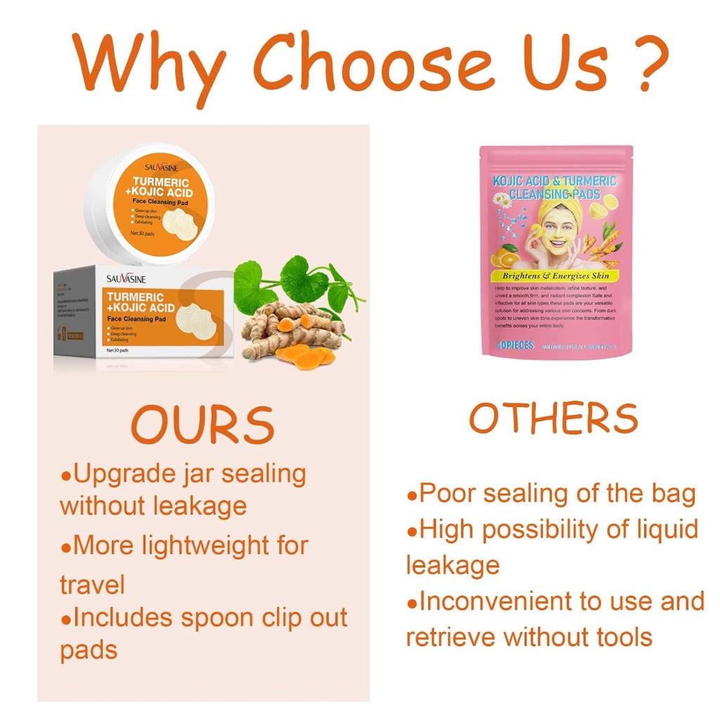 Turmeric Kojic Acid Cleansing Pads,Moisturize Face Turmeric Kojic Acid Pads,Helps Balance Skin Oil And Water,Upgrade Packing(Not Leak),30pcs