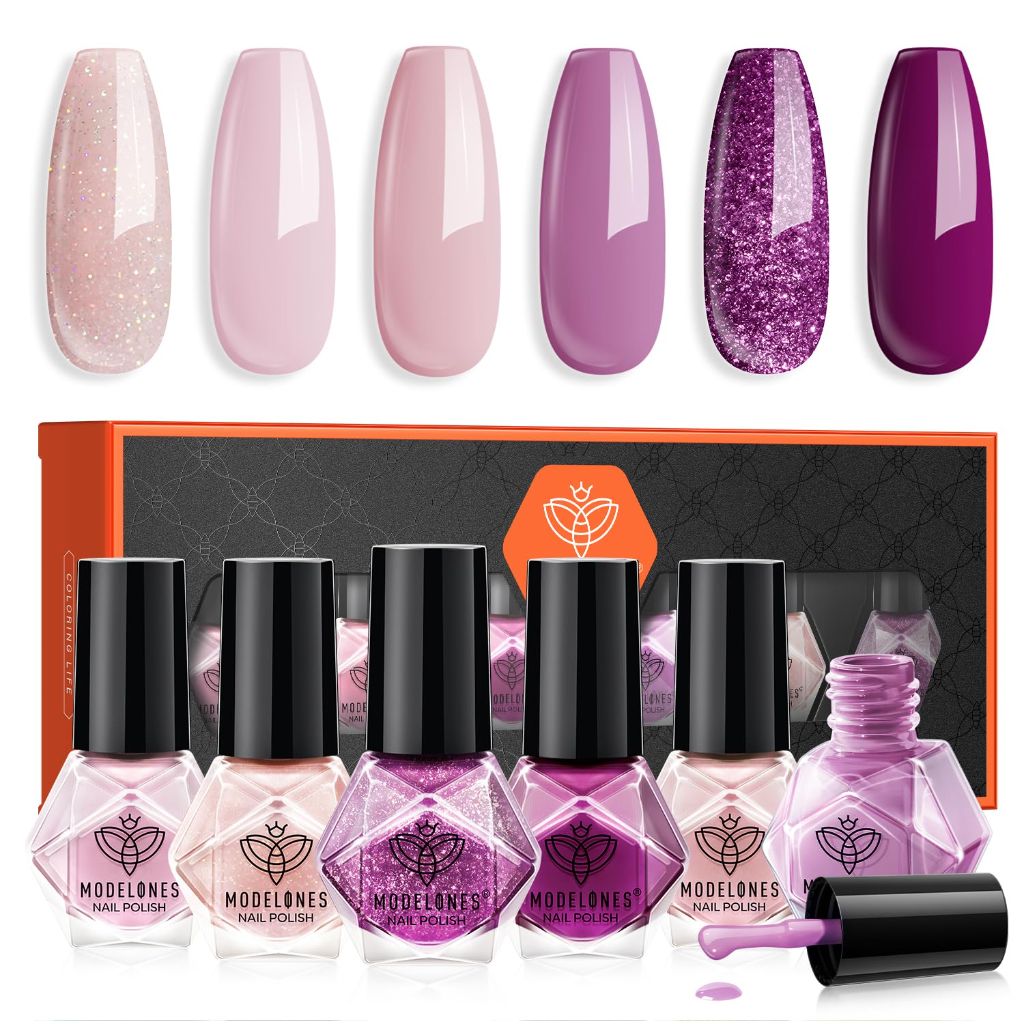 Modelones Purple Nail Polish Set 6 Colors, Glitter Pink Shimmer Sparkle Mini Nail Lacquer Kit
