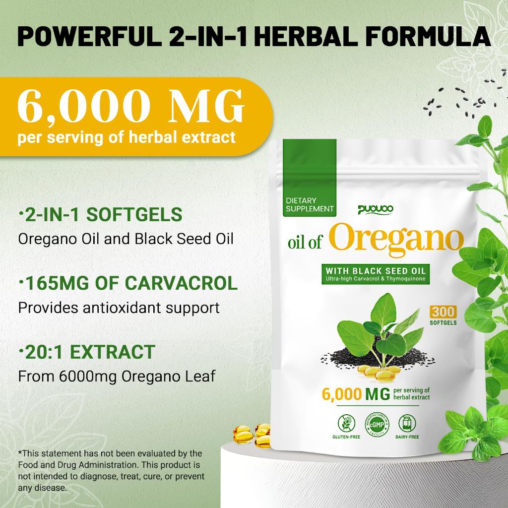Puouoo 2 in 1 Oil of Oregano Capsules - 300 Capsules - 150 Days Supply