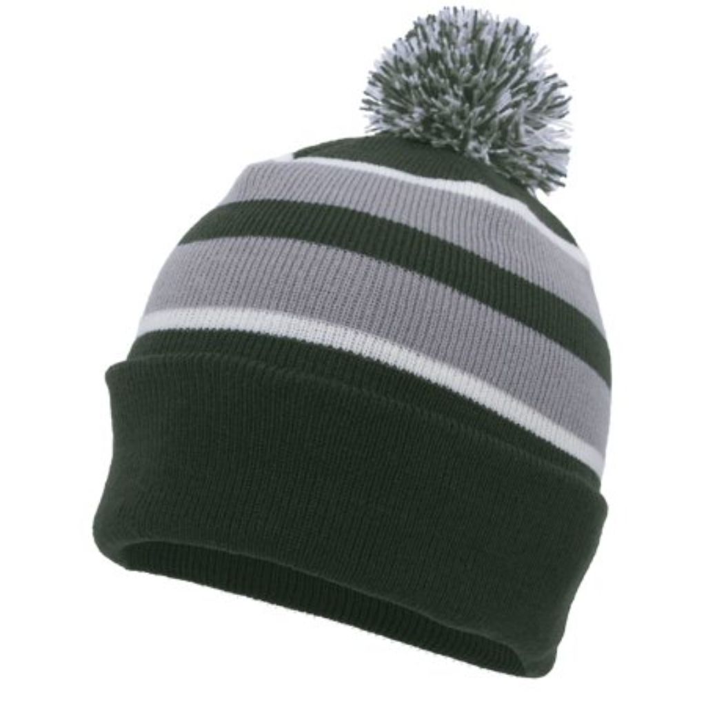 Pacific Headwear Knit Fold Over Pom-Pom Beanie (Dark Green, Silver, White)