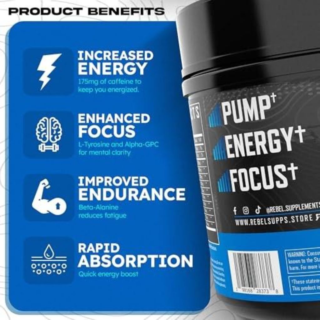 Rebel Supplements™ Blue Razz Loaded Pre Workout | Extreme Pumps, Laser Focus, Insane Energy | 7000mg L-Citrulline, 4000mg Beta Alanine, 1500mg Nitro