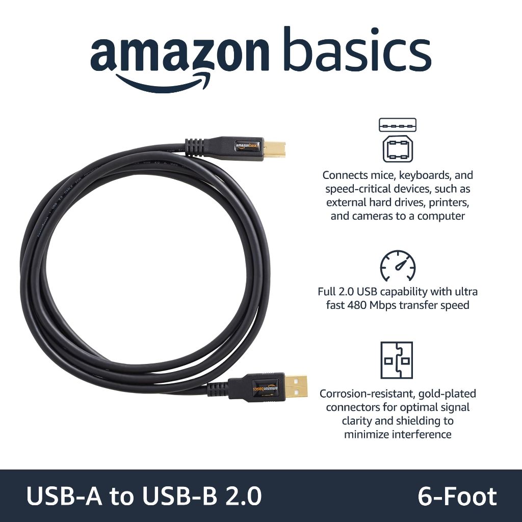Amazon Basics USB 2.0 Cable, USB-A to USB-B, for Printer or External Hard Drive | 6 Foot, Black
