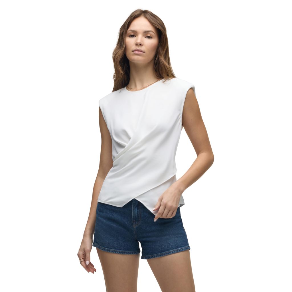 Hudson Women's Shoulder Padded Wrap Sleeveless Tee, White, X-Large