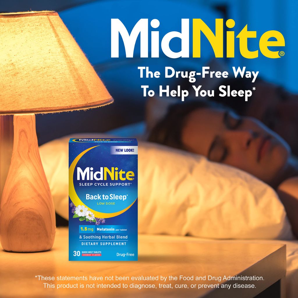 MidNite Back to Sleep Low Dose, 1.5 mg Melatonin Sleep Aid, 30 Quick Melt Tablets