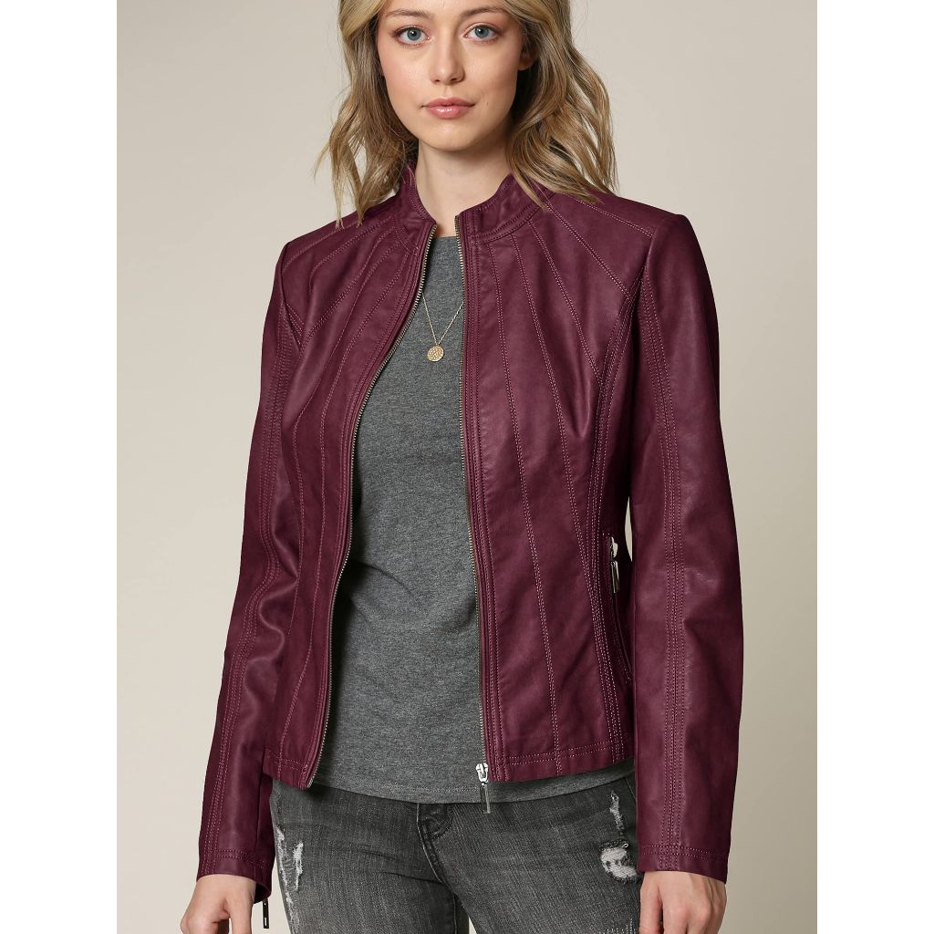 Lock and Love LL Womens Panelled Faux Leather Moto Jacket, Wine - size L