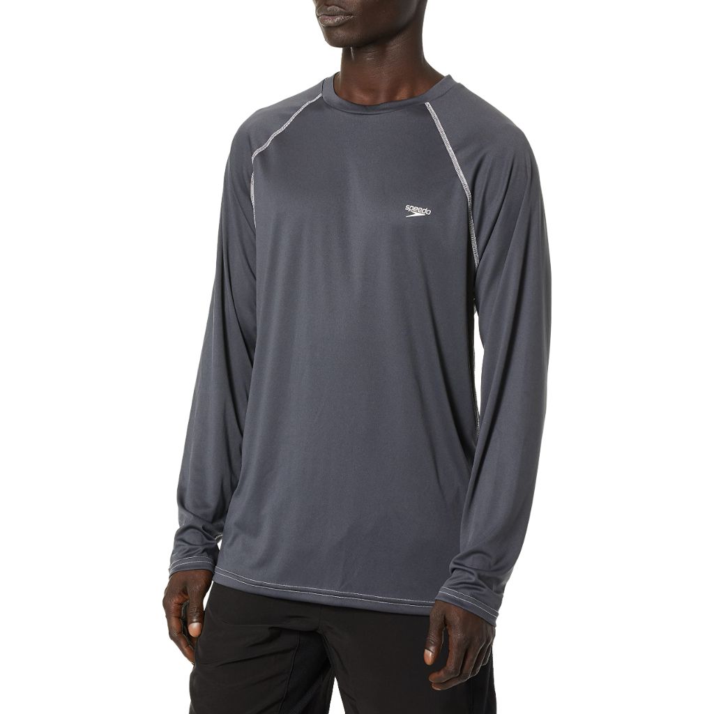 SZ M, Speedo Men's UV Shirt Long Sleeve Loose Fit Easy Tee athletic technical swimsuits, Granite