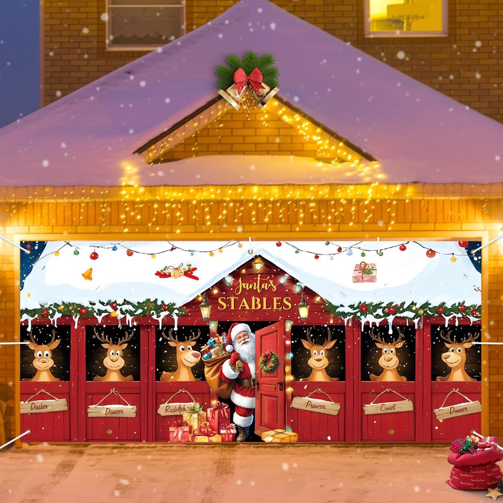 Christmas Garage Door Decorations Cover, 7X16ft Christmas Garage Door Covers, Large Xmas Holiday Party Banner