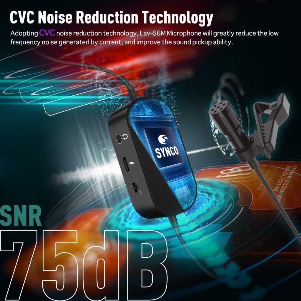 SYNCO Lav-S6M Lavalier Microphone, 3.5mm Audio-Monitor, Supports USB Charging, 19.7' Cable, Noise Reduction
